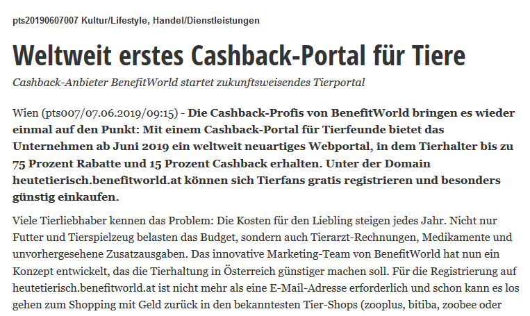 Weltweit erstes Cashback-Portal für Tiere